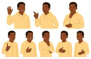 Diversity of expression displayed by a confident young man in various poses and with diverse gestures vector