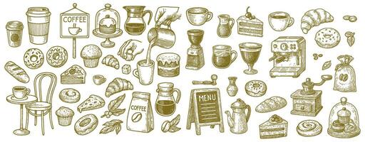 Assorted delightful coffee and pastry elements arranged showcasing bakery and cafe ambiance in engraving style vector