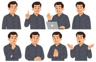 Collection of business character illustrations showing diverse expressions and interaction with laptop, suitable design resources vector