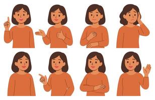 Diverse expressions and gestures showcased by a cartoon businesswoman, offering a range of emotions vector