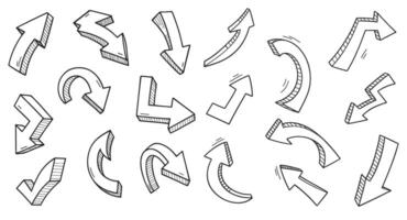 Set of hand drawn arrows indicating direction and movement in various styles and orientations vector