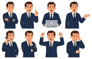Diverse expressions of a businessman showcasing various emotions and actions in a professional setting vector