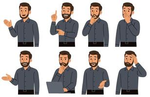 Illustrative business character displaying an array of different reactions and emotional states, professional appearance vector