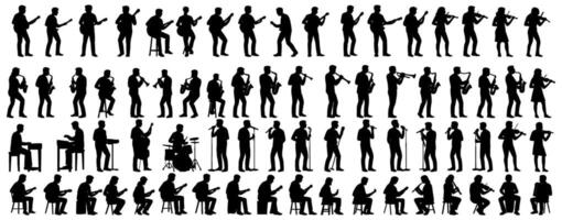 Silhouette ensemble performing musical instruments, creating an inspiring and harmonious musical journey on stage vector