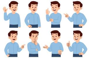 Cheerful cartoon character with various expressions showcasing positive reactions and a thoughtful pose. vector
