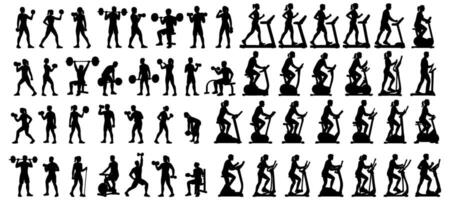 Diverse silhouettes showcase dedication to fitness activities and gym exercises routine progression vector