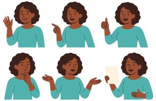 Diverse expressions showcased by a confident woman in various poses representing different emotions and actions vector