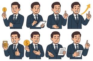 Energetic businessman expresses financial acumen, positivity, and analytical skills in a modern setting vector