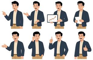 Diverse businessman showing growth chart, holding documents, expressing ideas, and giving positive feedback vector