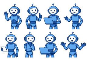 Collection of blue robot characters displaying various emotions and interacting with technology effectively vector