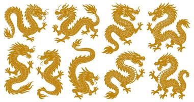 Elegant oriental dragons in varied poses, symbolic creatures of power and prosperity adorn a white background vector