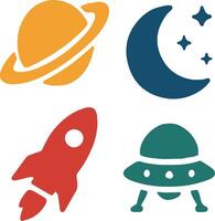 Flat colorful rocket ship moon planet and UFO icons perfect for sci fi and cosmic projects vector