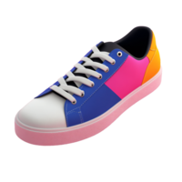 A colorful sneaker with a white sole and blue and pink laces transparent background png