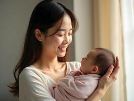 A mother looking at her baby and smiling photo