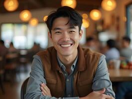 A young boy smiling in a bar photo