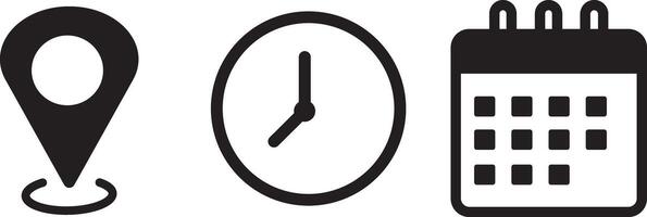 Location, calendar , time, and black icon. business calendar schedule reminder clock sign and symbols background vector