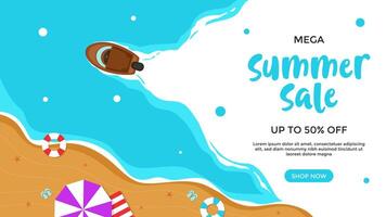 Summer sale template background with jetboat and beach. Summer advertisement background with flat design vector