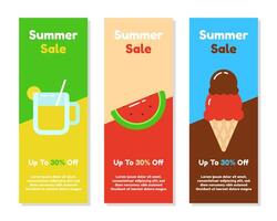 Summer sale vertical banner collection set with lemonade, watermelon, and ice cream vector