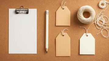 Blank paper, pencil, scissors and yarn on a cork board photo