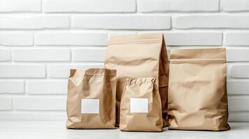 Brown paper bags with blank labels on them photo
