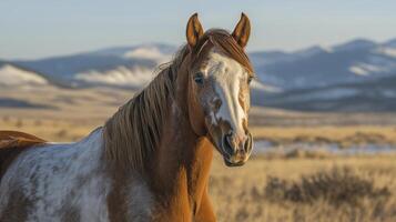 A horse standing in a field with mountains in the background photo