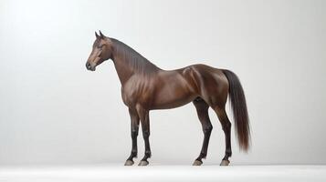 A brown horse standing in front of a white background photo