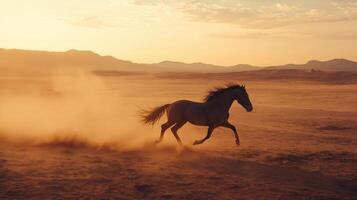 A horse running in the desert at sunset photo