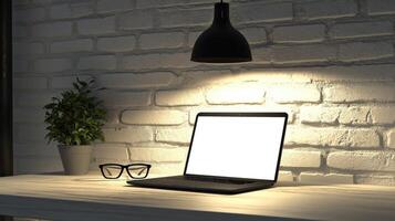 A laptop sitting on a desk in front of a brick wall photo