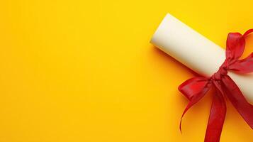 A diploma with a red ribbon on a yellow background photo