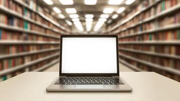 Laptop on table in library with books in background photo