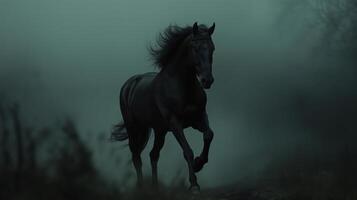 Black horse running in the fog photo