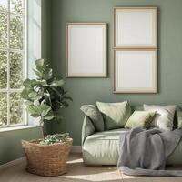 Green living room with two framed pictures on the wall photo