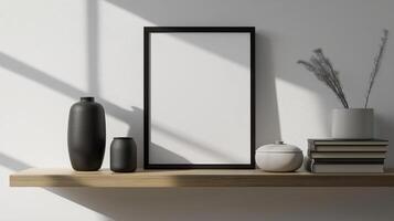 A wooden shelf with a black frame and vases photo