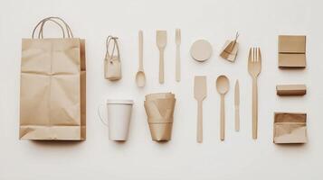 Paper packaging, utensils and coffee cup on white background photo