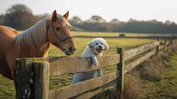 A dog and a horse standing next to a fence photo
