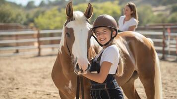 A girl is smiling while holding a horse photo