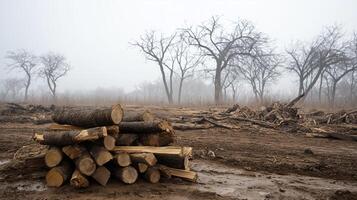 A pile of logs in a muddy field photo