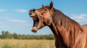 A horse with its mouth open in a field photo