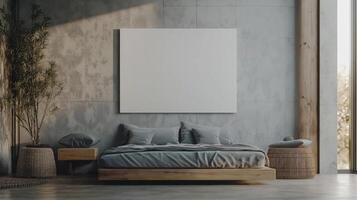 A bedroom with a large blank canvas on the wall photo