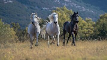 Three horses running in a field with mountains in the background photo