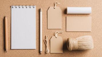 Blank paper, pencil, paper clips, and a pen on a corkboard photo