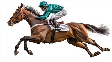 A jockey is riding a horse in the air photo