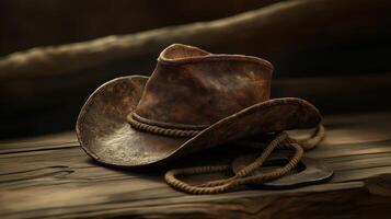 A cowboy hat sits on a wooden table photo