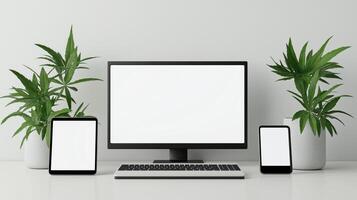 Computer, phone and tablet with plants on a table photo