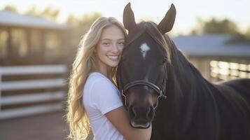 A beautiful young woman is hugging a horse photo