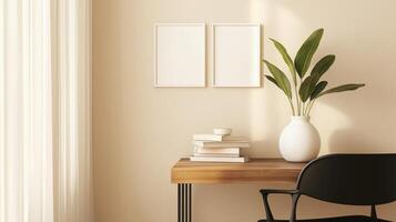A desk with a chair and a plant in front of a window photo