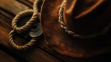 A cowboy hat and rope on a wooden table photo