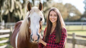 A woman is smiling while standing next to a horse photo