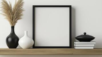 A black frame with a vase and books on a shelf photo