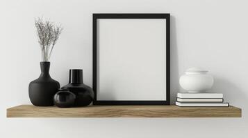 A wooden shelf with a black vase, books and a frame photo
